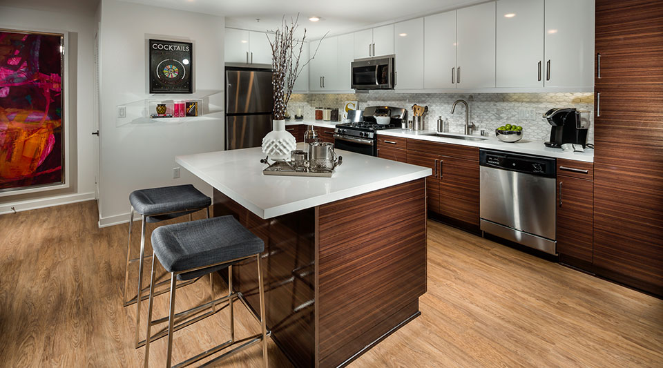Apartments for Rent in Glendale, CA - ONYX Glendale Kitchen with stainless steel appliances and modern dark wood cabinets